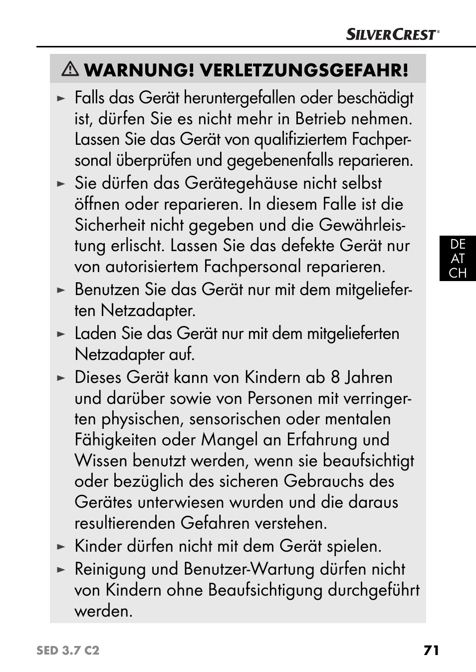 Warnung! verletzungsgefahr, Kinder dürfen nicht mit dem gerät spielen | Silvercrest SED 3.7 C2 User Manual | Page 74 / 84