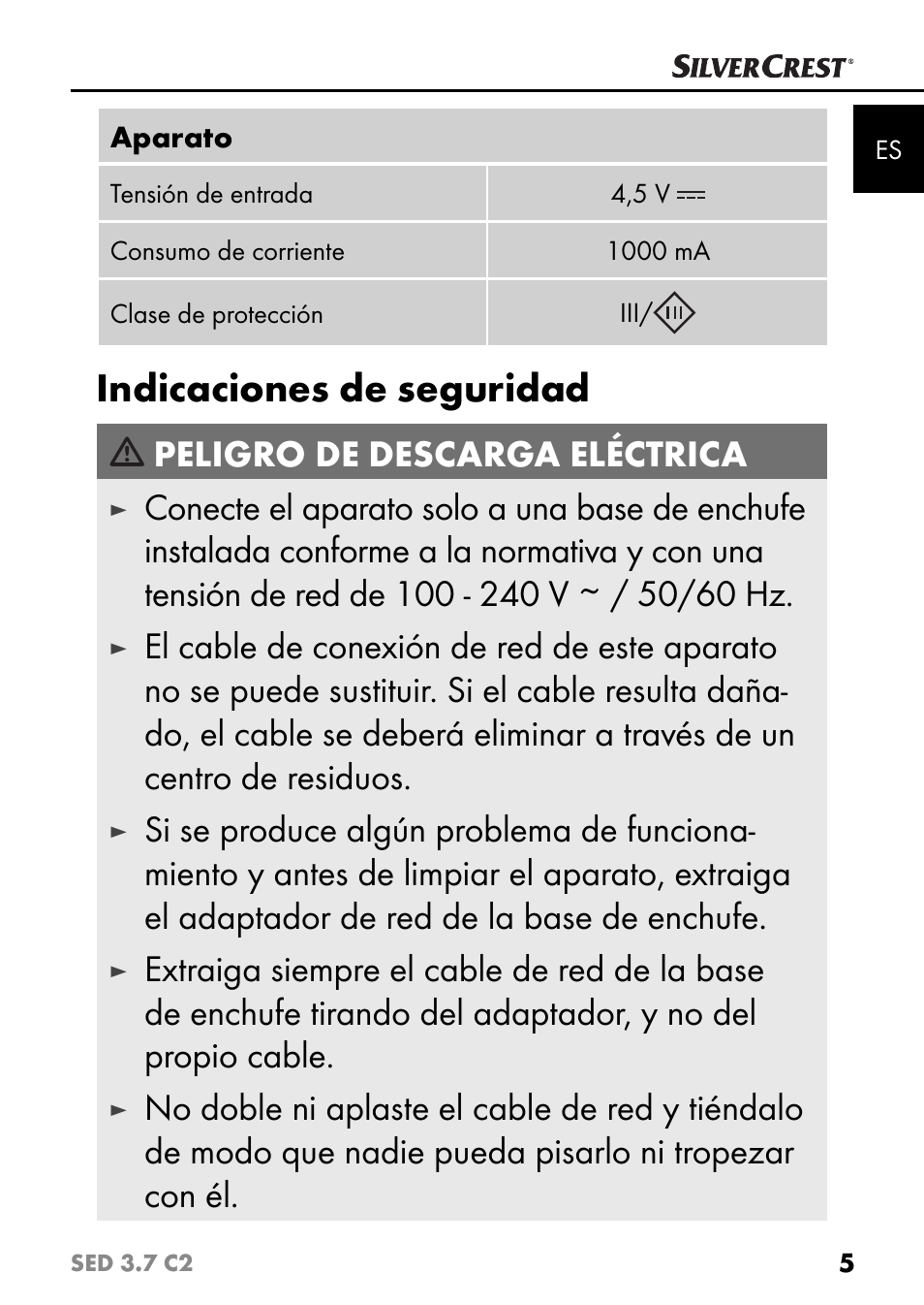 Indicaciones de seguridad, Peligro de descarga eléctrica | Silvercrest SED 3.7 C2 User Manual | Page 8 / 84