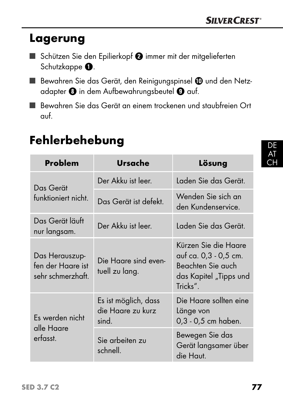 Lagerung, Fehlerbehebung | Silvercrest SED 3.7 C2 User Manual | Page 80 / 84