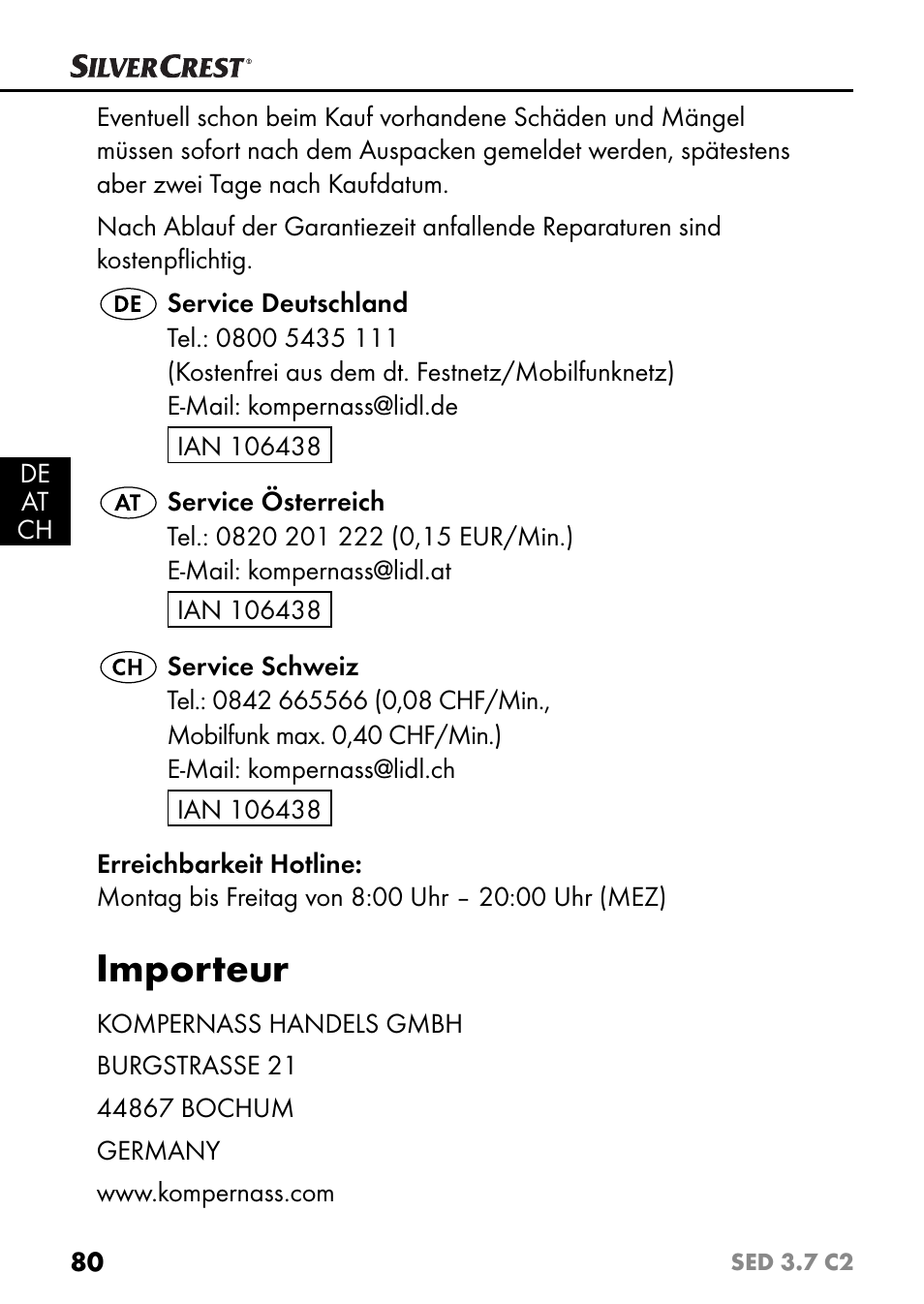 Importeur | Silvercrest SED 3.7 C2 User Manual | Page 83 / 84