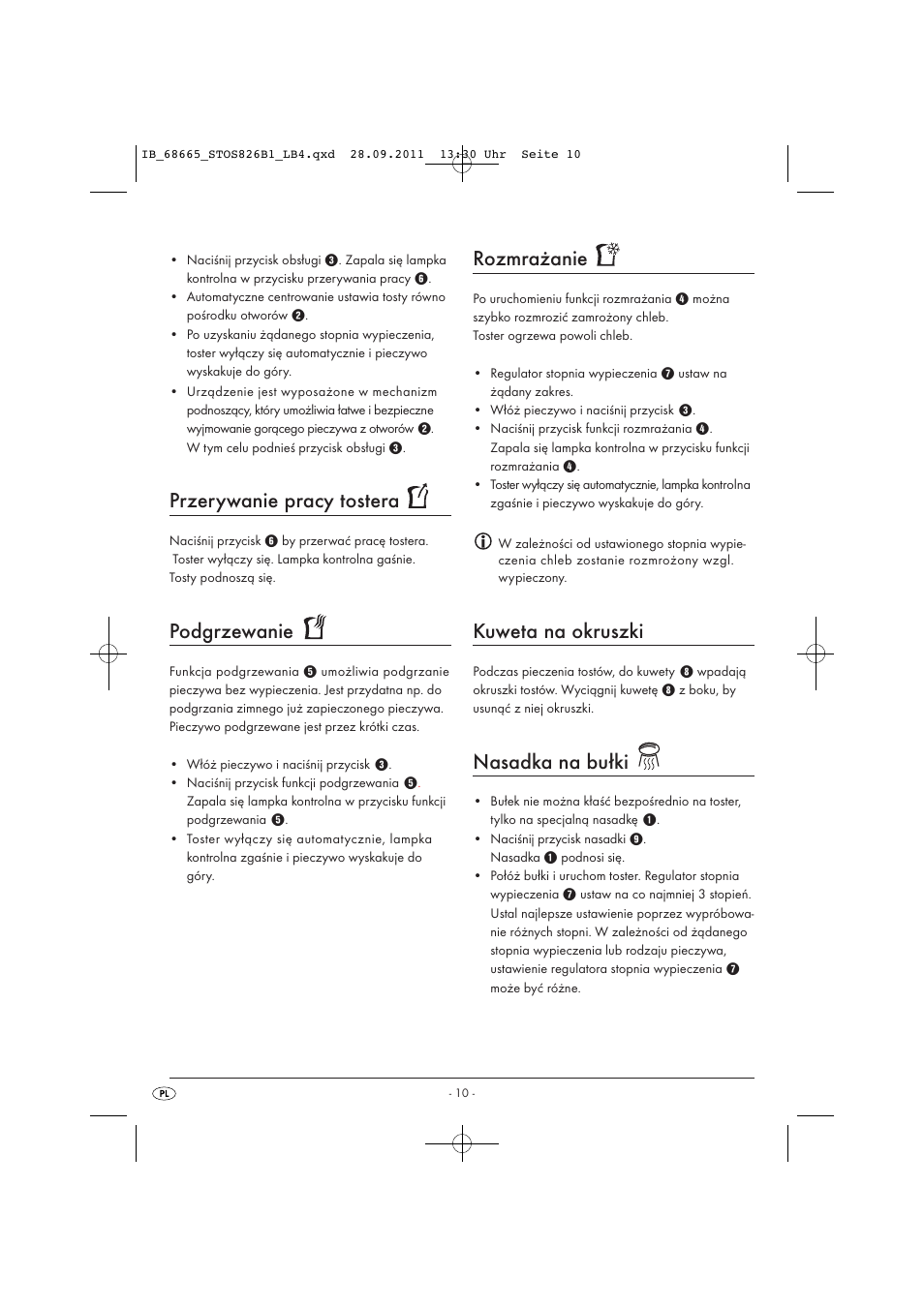 Przerywanie pracy tostera, Podgrzewanie, Rozmrażanie | Kuweta na okruszki, Nasadka na bułki | Silvercrest STOS 826 B1 User Manual | Page 12 / 44