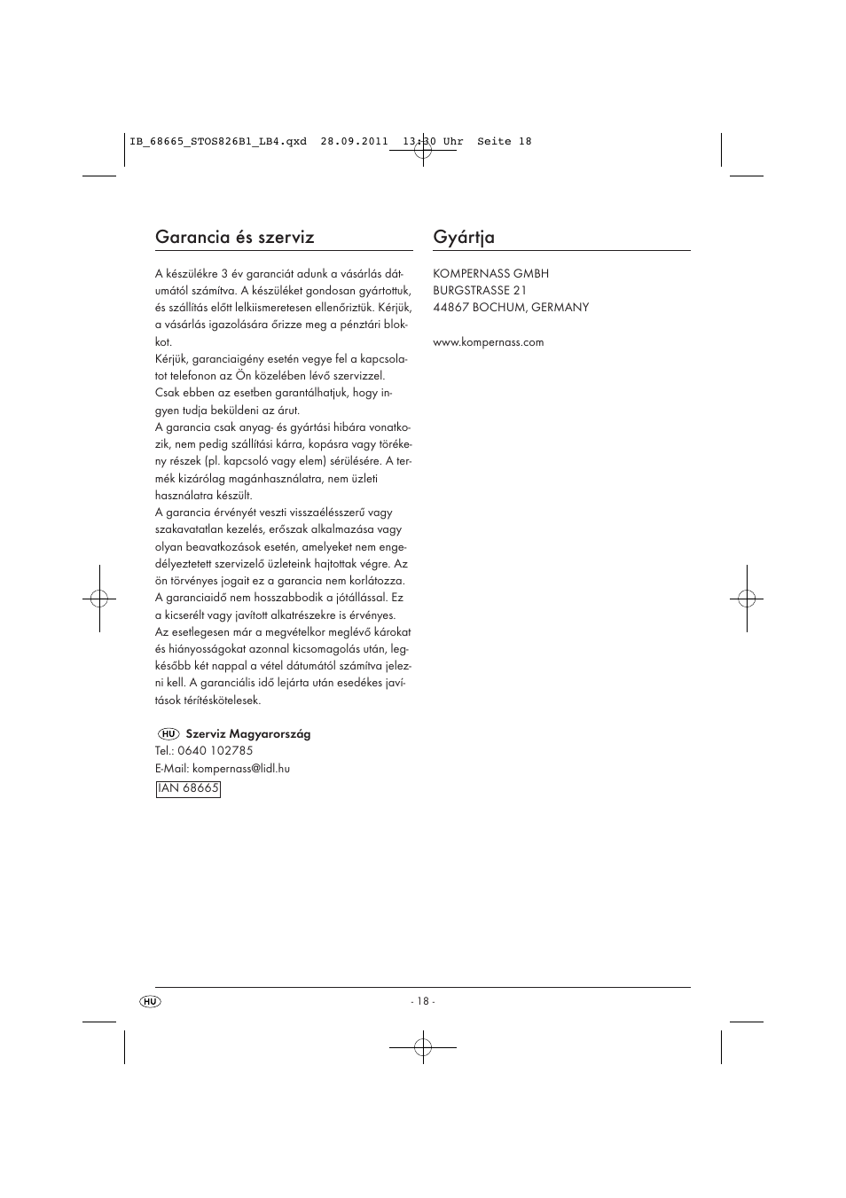 Garancia és szerviz, Gyártja | Silvercrest STOS 826 B1 User Manual | Page 20 / 44