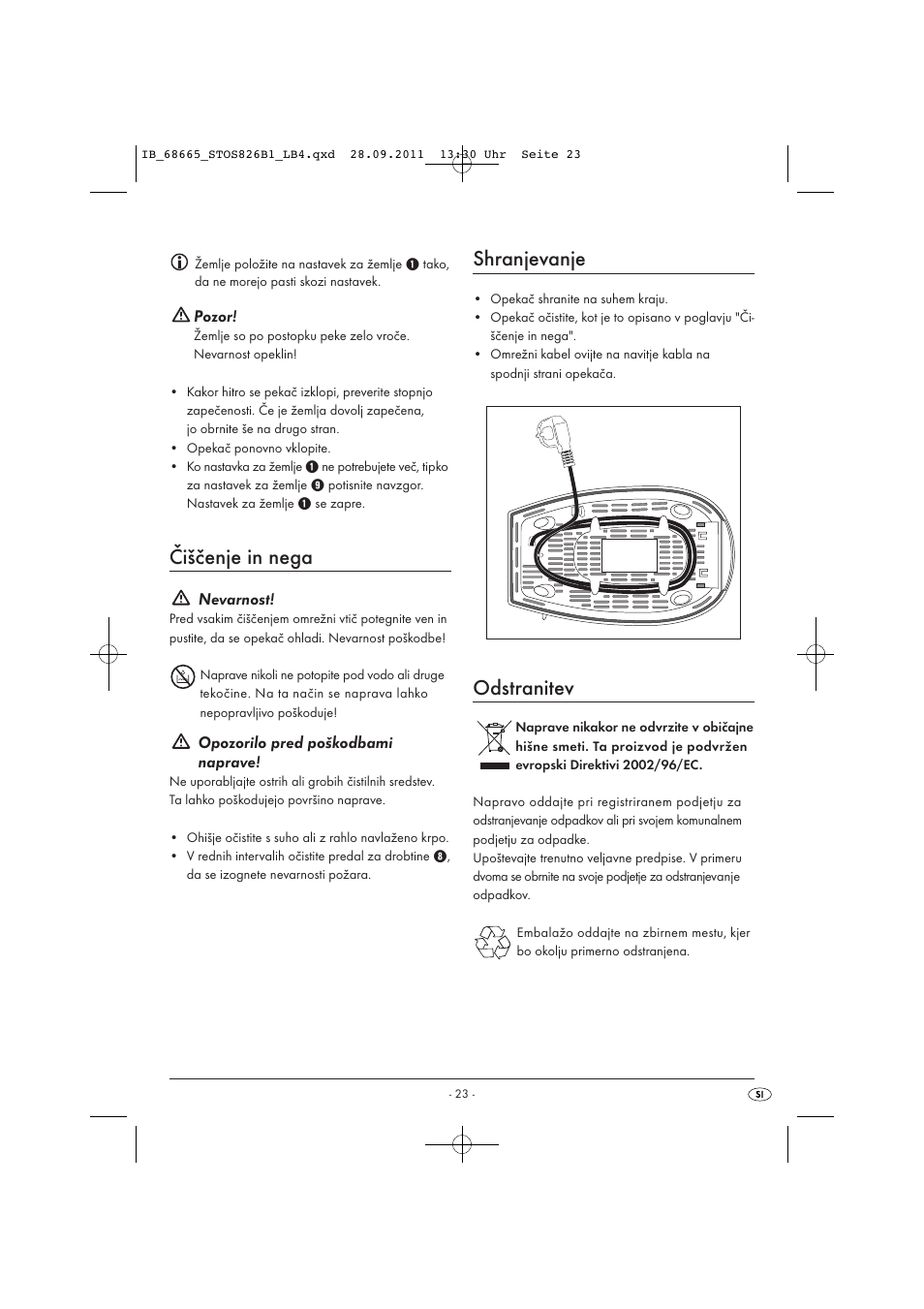 Čiščenje in nega, Shranjevanje, Odstranitev | Silvercrest STOS 826 B1 User Manual | Page 25 / 44