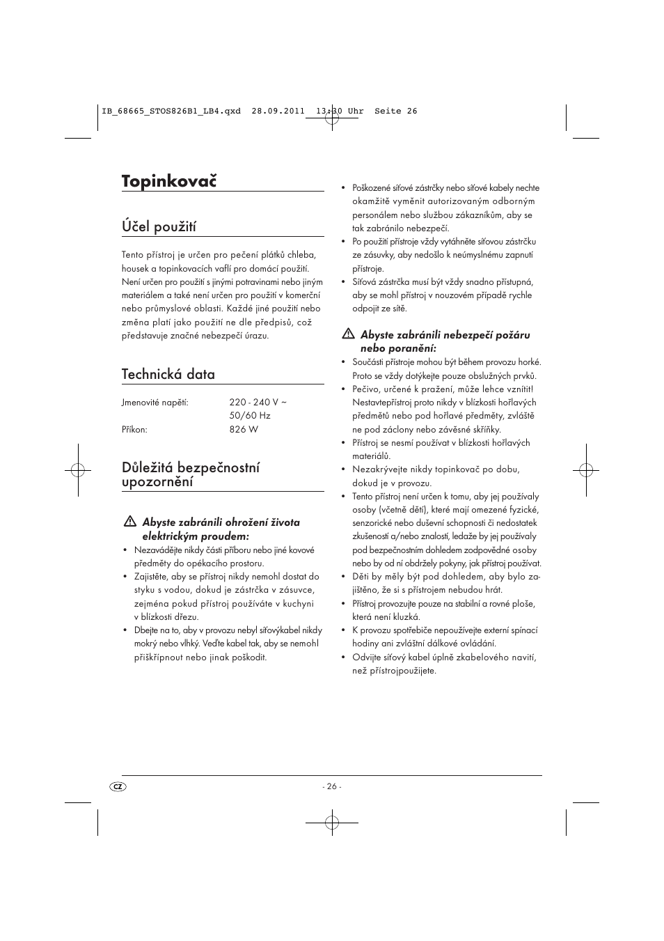 Topinkovač, Účel použití, Technická data | Důležitá bezpečnostní upozornění, Abyste zabránili nebezpečí požáru nebo poranění | Silvercrest STOS 826 B1 User Manual | Page 28 / 44