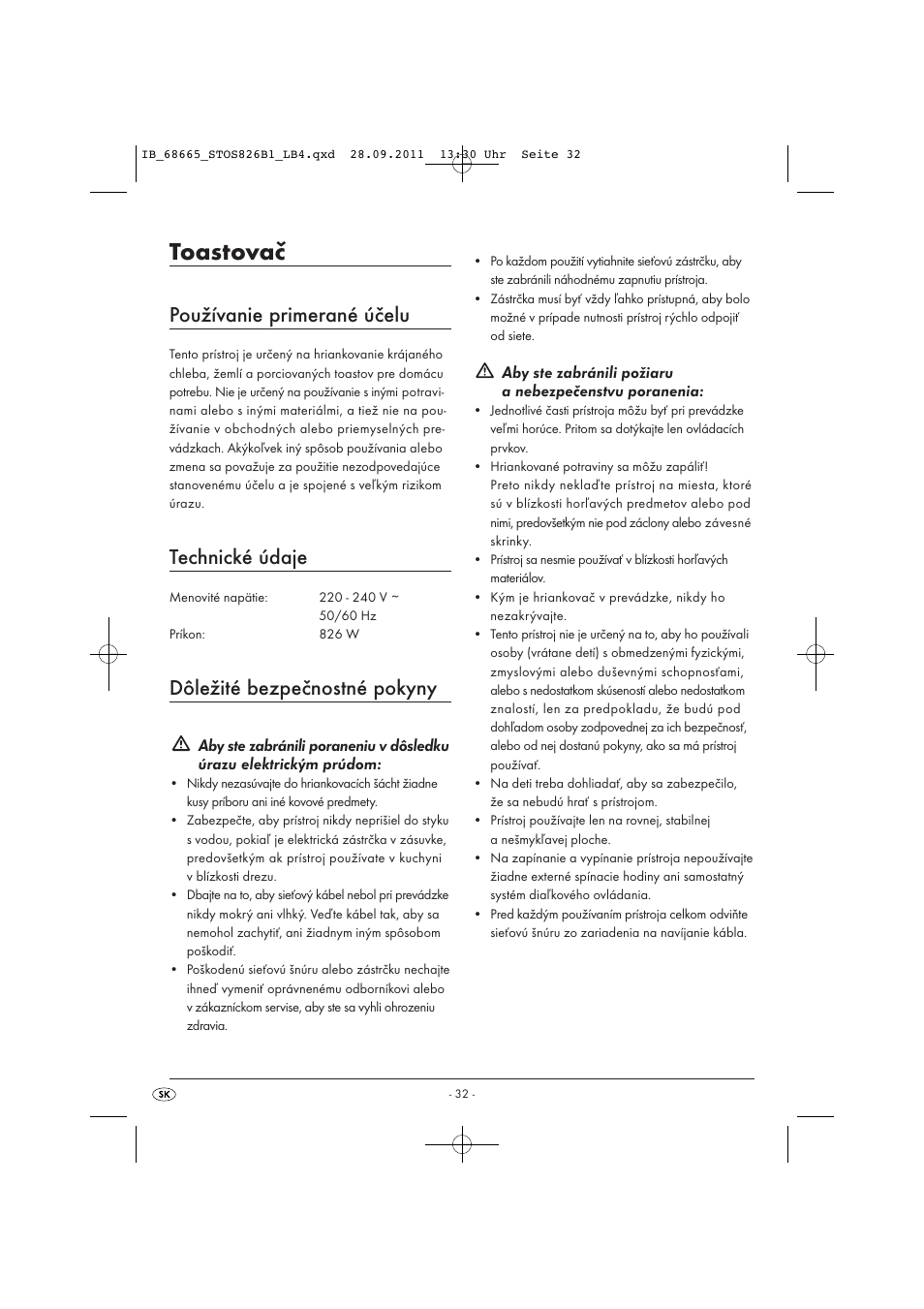 Toastovač, Používanie primerané účelu, Technické údaje | Dôležité bezpečnostné pokyny | Silvercrest STOS 826 B1 User Manual | Page 34 / 44