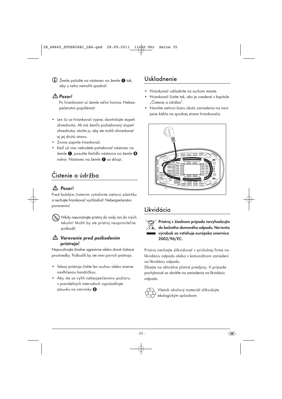 Čistenie a údržba, Uskladnenie, Likvidácia | Silvercrest STOS 826 B1 User Manual | Page 37 / 44