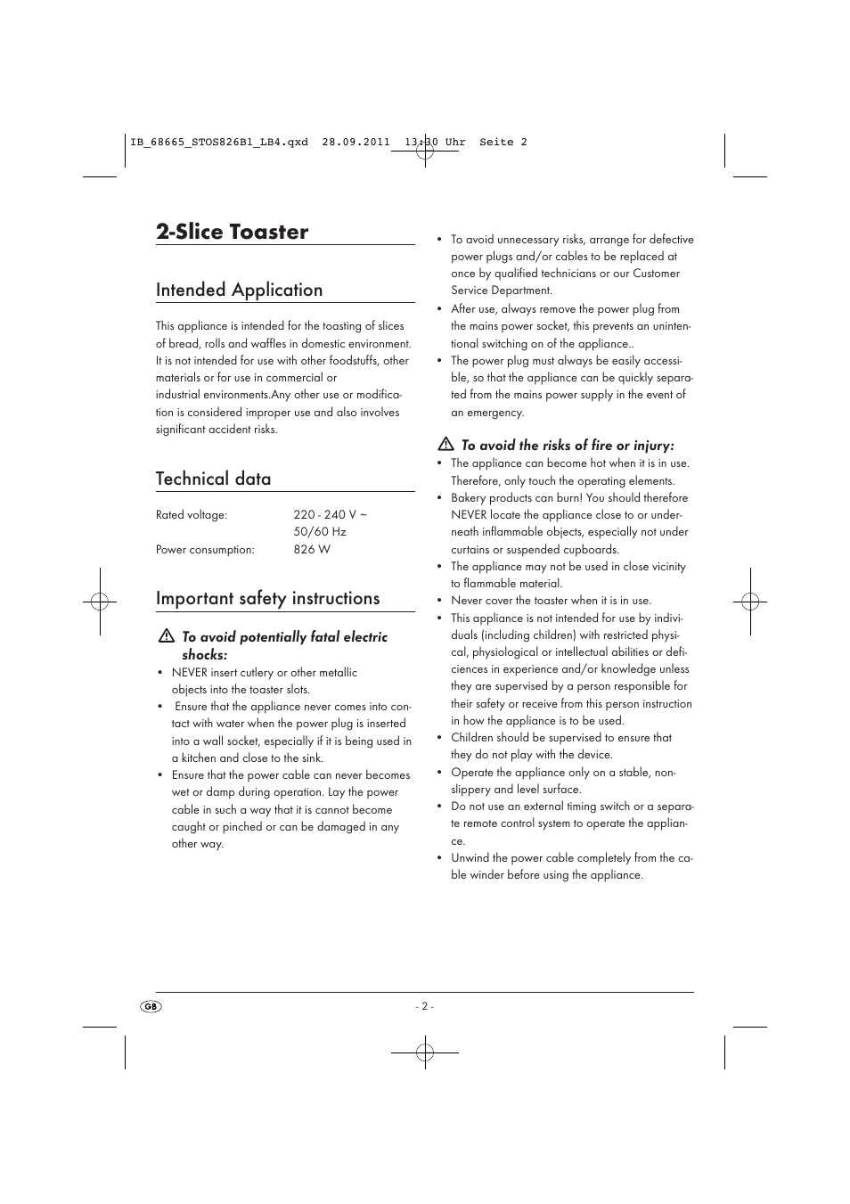 Slice toaster, Intended application, Technical data | Important safety instructions | Silvercrest STOS 826 B1 User Manual | Page 4 / 44