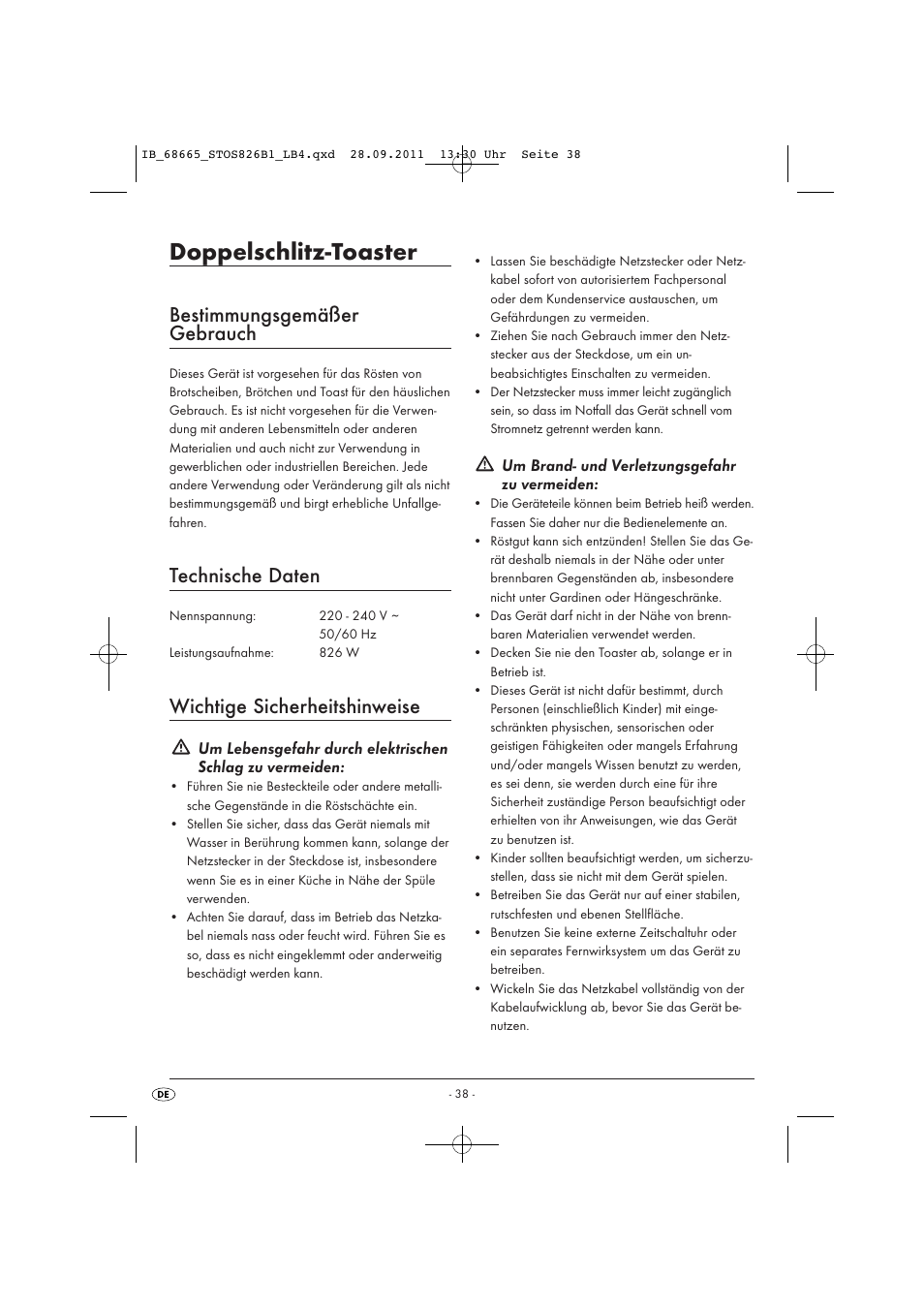 Doppelschlitz-toaster, Bestimmungsgemäßer gebrauch, Technische daten | Wichtige sicherheitshinweise, Um brand- und verletzungsgefahr zu vermeiden | Silvercrest STOS 826 B1 User Manual | Page 40 / 44