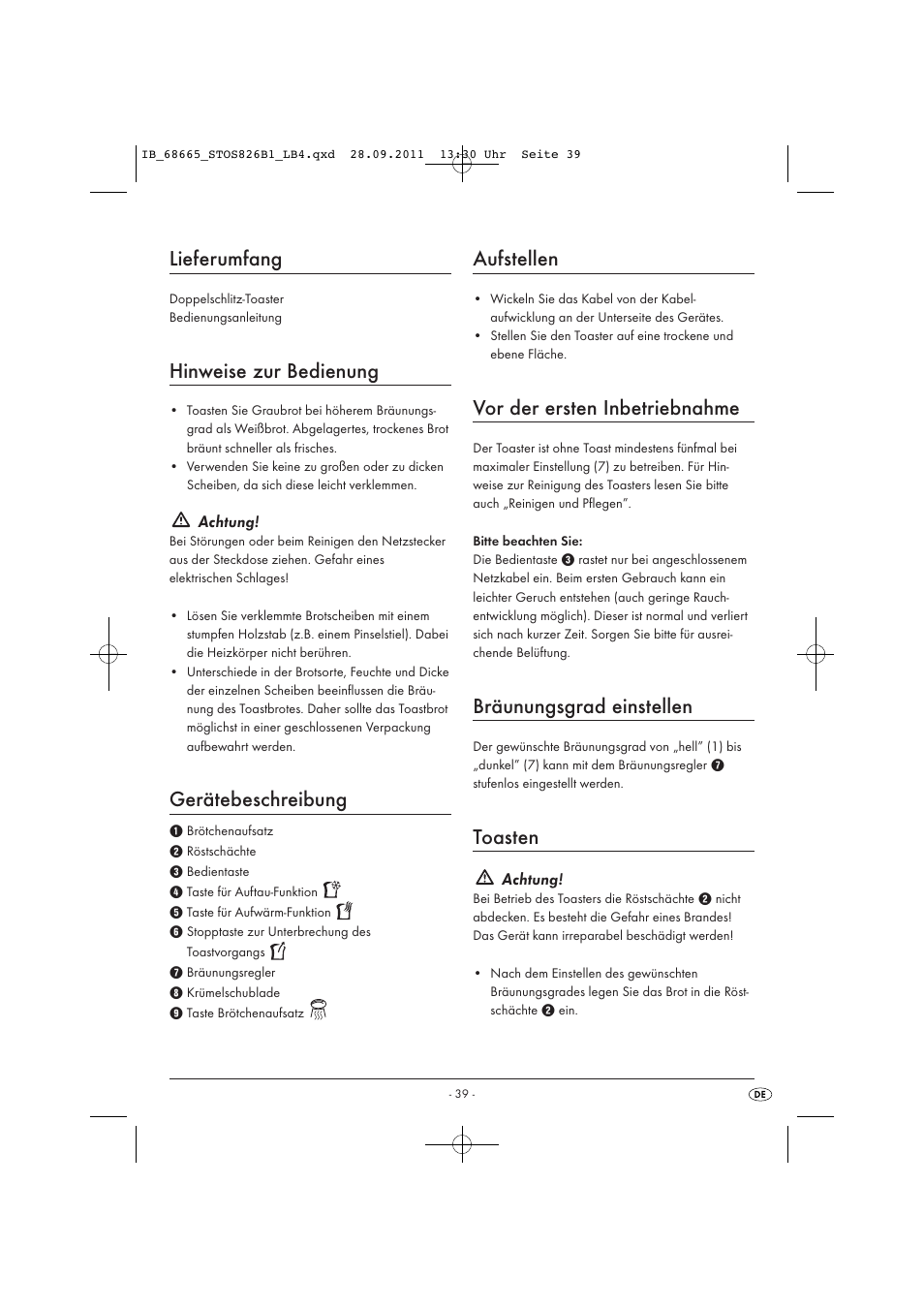 Lieferumfang, Hinweise zur bedienung, Gerätebeschreibung | Aufstellen, Vor der ersten inbetriebnahme, Bräunungsgrad einstellen, Toasten | Silvercrest STOS 826 B1 User Manual | Page 41 / 44