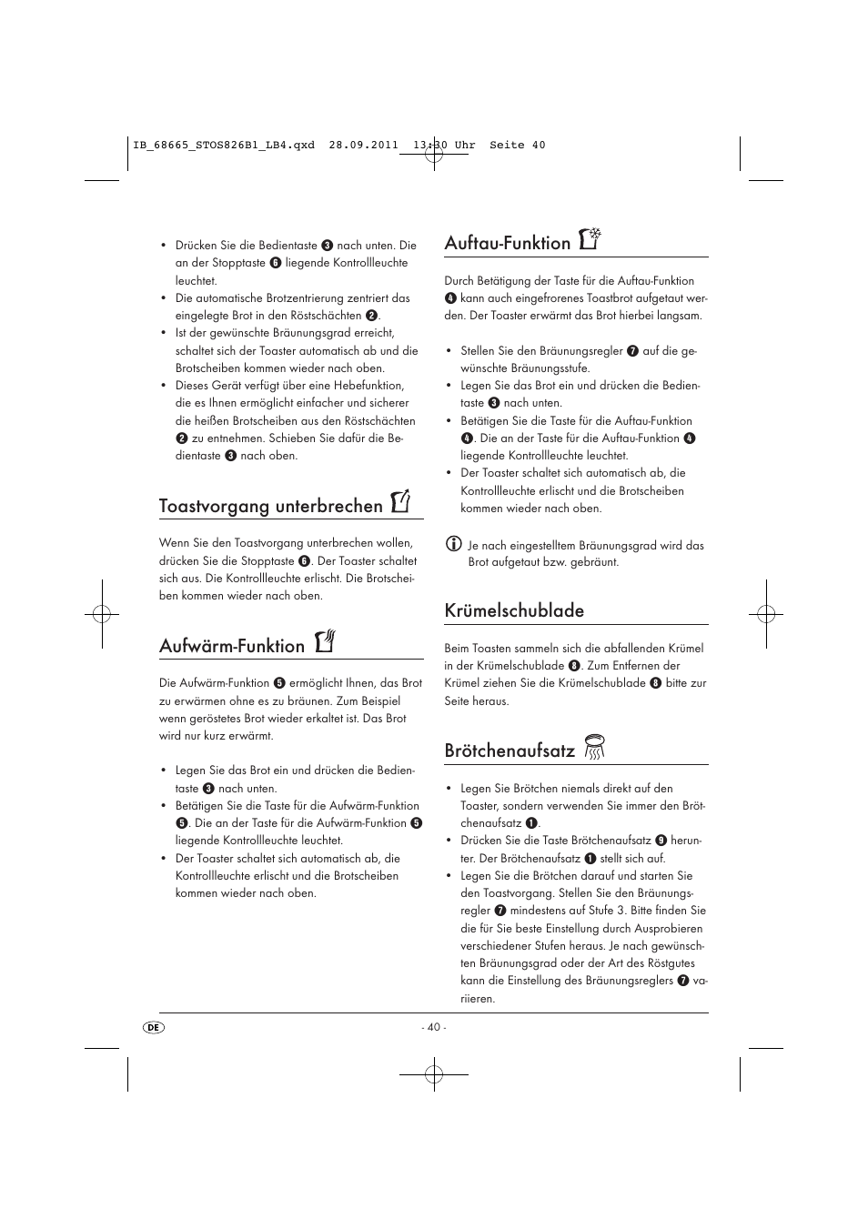 Toastvorgang unterbrechen, Aufwärm-funktion, Auftau-funktion | Krümelschublade, Brötchenaufsatz | Silvercrest STOS 826 B1 User Manual | Page 42 / 44