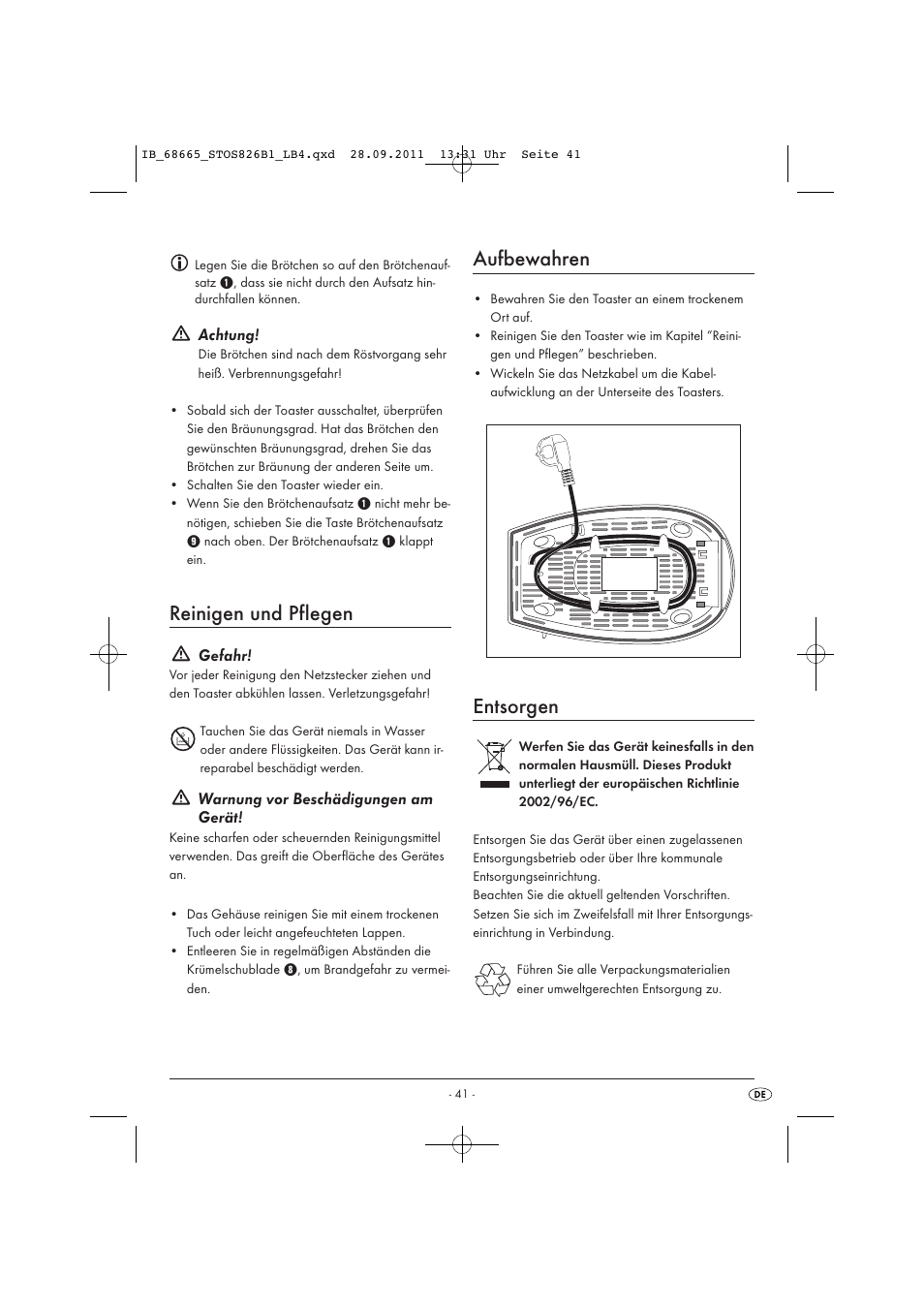 Reinigen und pflegen, Aufbewahren, Entsorgen | Achtung, Gefahr, Warnung vor beschädigungen am gerät | Silvercrest STOS 826 B1 User Manual | Page 43 / 44