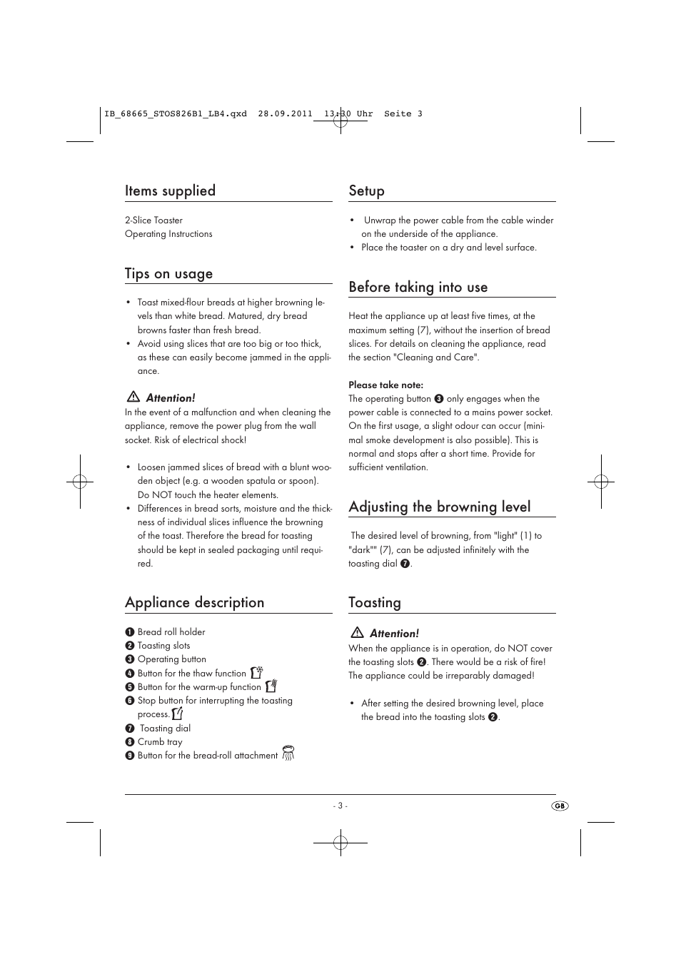 Items supplied, Tips on usage, Appliance description | Setup, Before taking into use, Adjusting the browning level, Toasting | Silvercrest STOS 826 B1 User Manual | Page 5 / 44