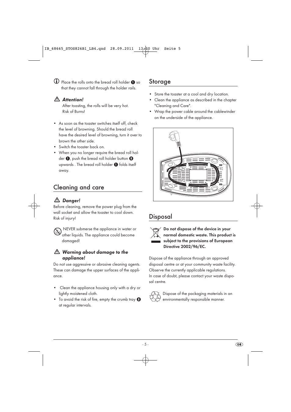 Cleaning and care, Storage, Disposal | Attention, Danger, Warning about damage to the appliance | Silvercrest STOS 826 B1 User Manual | Page 7 / 44