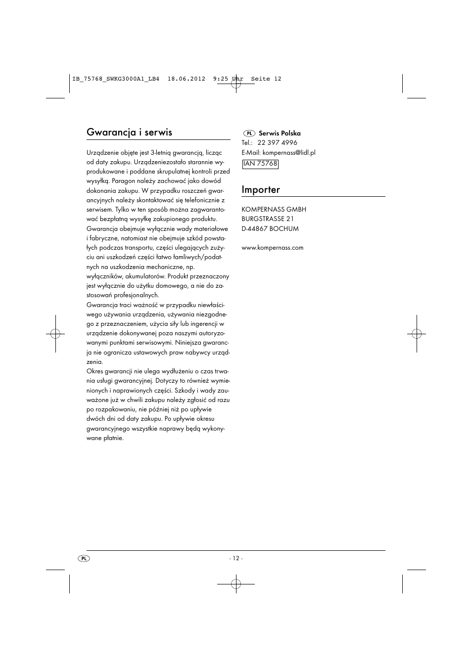 Gwarancja i serwis, Importer | Silvercrest SWKG 3000 A1 User Manual | Page 14 / 32