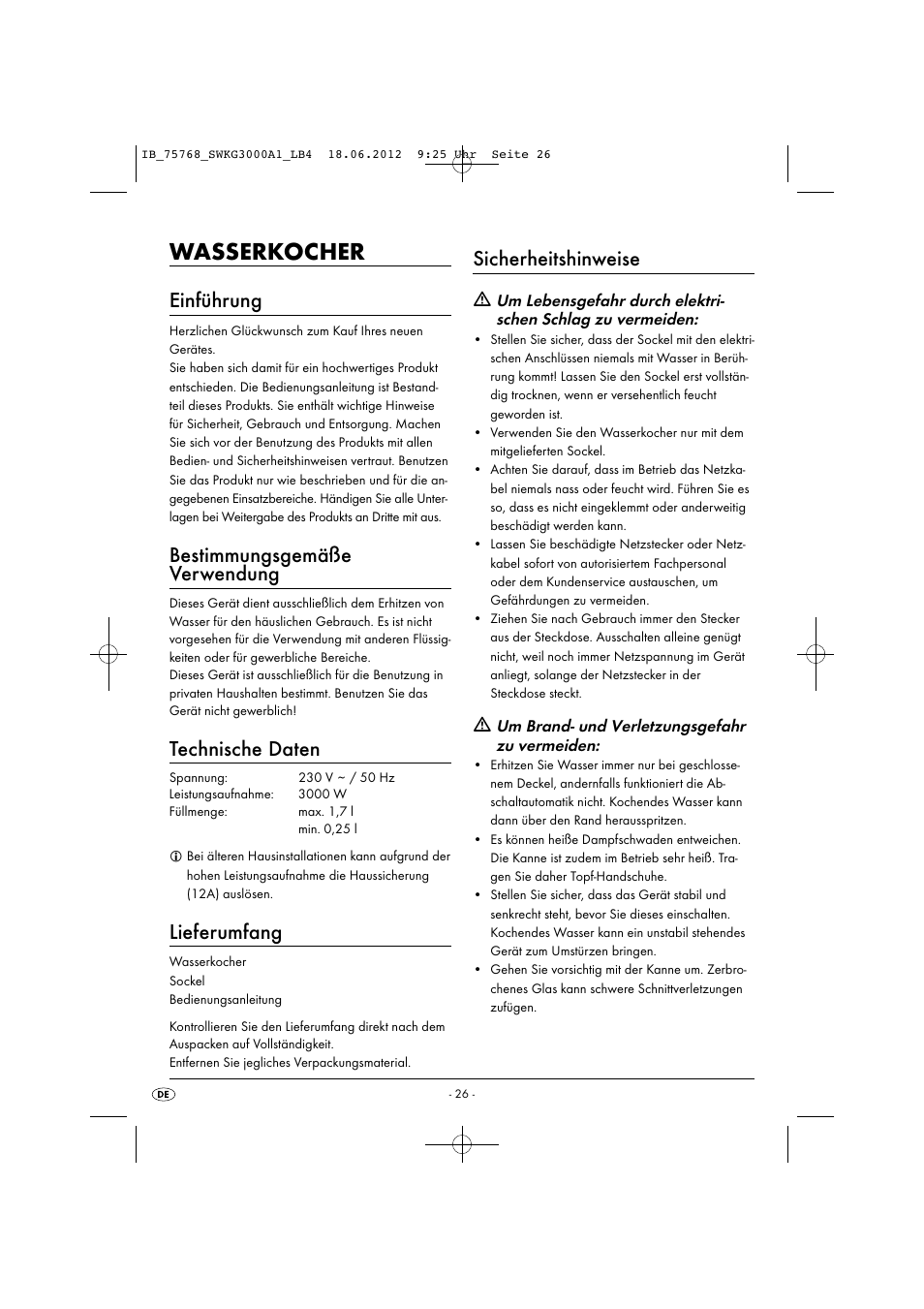 Wasserkocher, Einführung, Bestimmungsgemäße verwendung | Technische daten, Lieferumfang, Sicherheitshinweise | Silvercrest SWKG 3000 A1 User Manual | Page 28 / 32