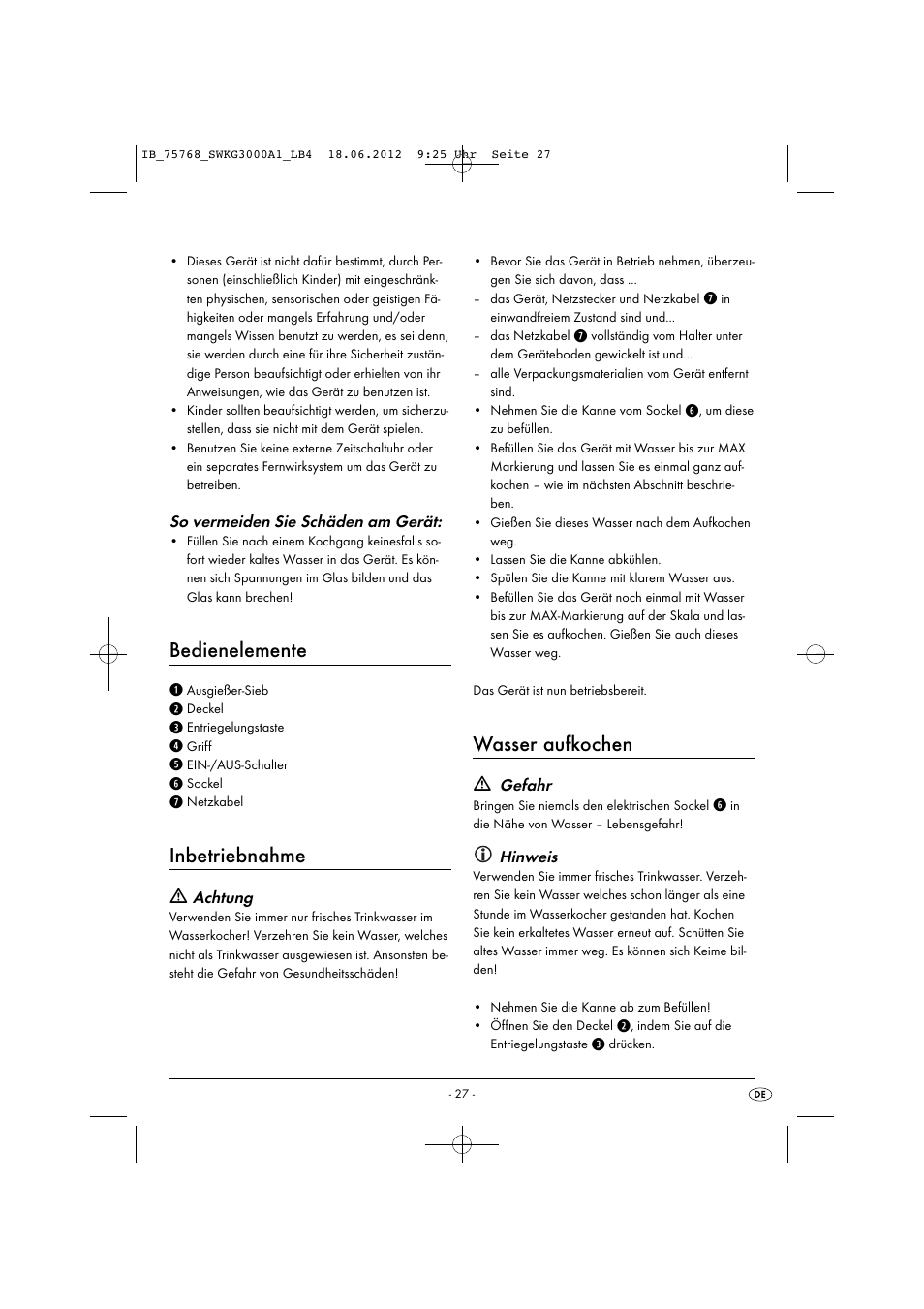 Bedienelemente, Inbetriebnahme, Wasser aufkochen | Silvercrest SWKG 3000 A1 User Manual | Page 29 / 32