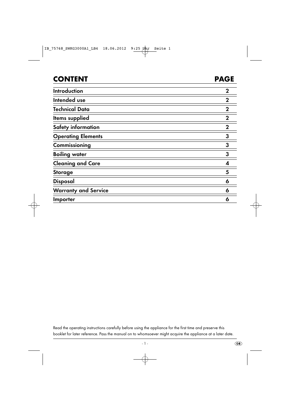 Content page | Silvercrest SWKG 3000 A1 User Manual | Page 3 / 32