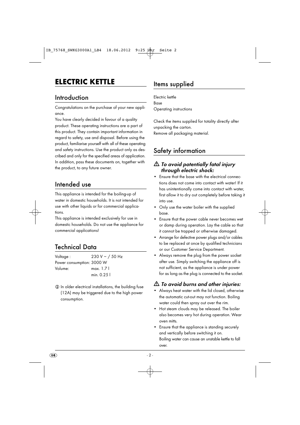 Electric kettle, Introduction, Intended use | Technical data, Items supplied, Safety information | Silvercrest SWKG 3000 A1 User Manual | Page 4 / 32