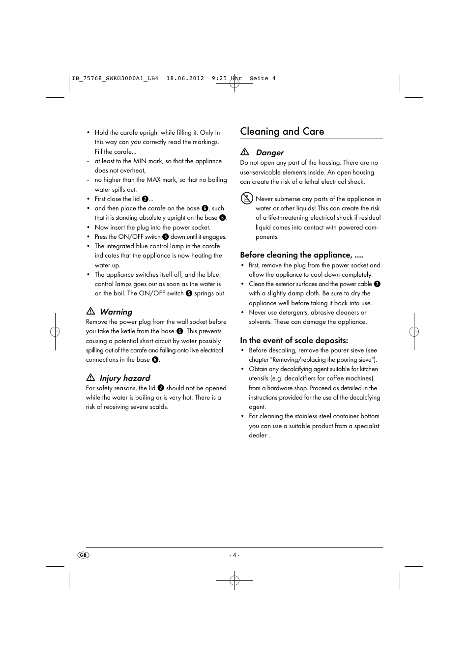 Cleaning and care | Silvercrest SWKG 3000 A1 User Manual | Page 6 / 32