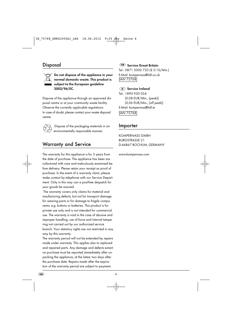 Disposal, Warranty and service, Importer | Silvercrest SWKG 3000 A1 User Manual | Page 8 / 32