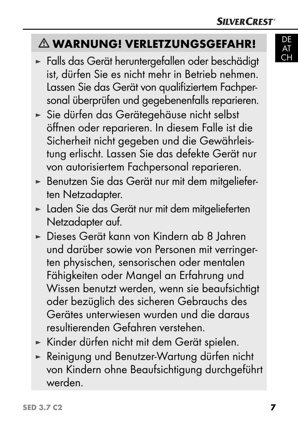 Warnung! verletzungsgefahr, Kinder dürfen nicht mit dem gerät spielen | Silvercrest SED 3.7 C2 User Manual | Page 10 / 68