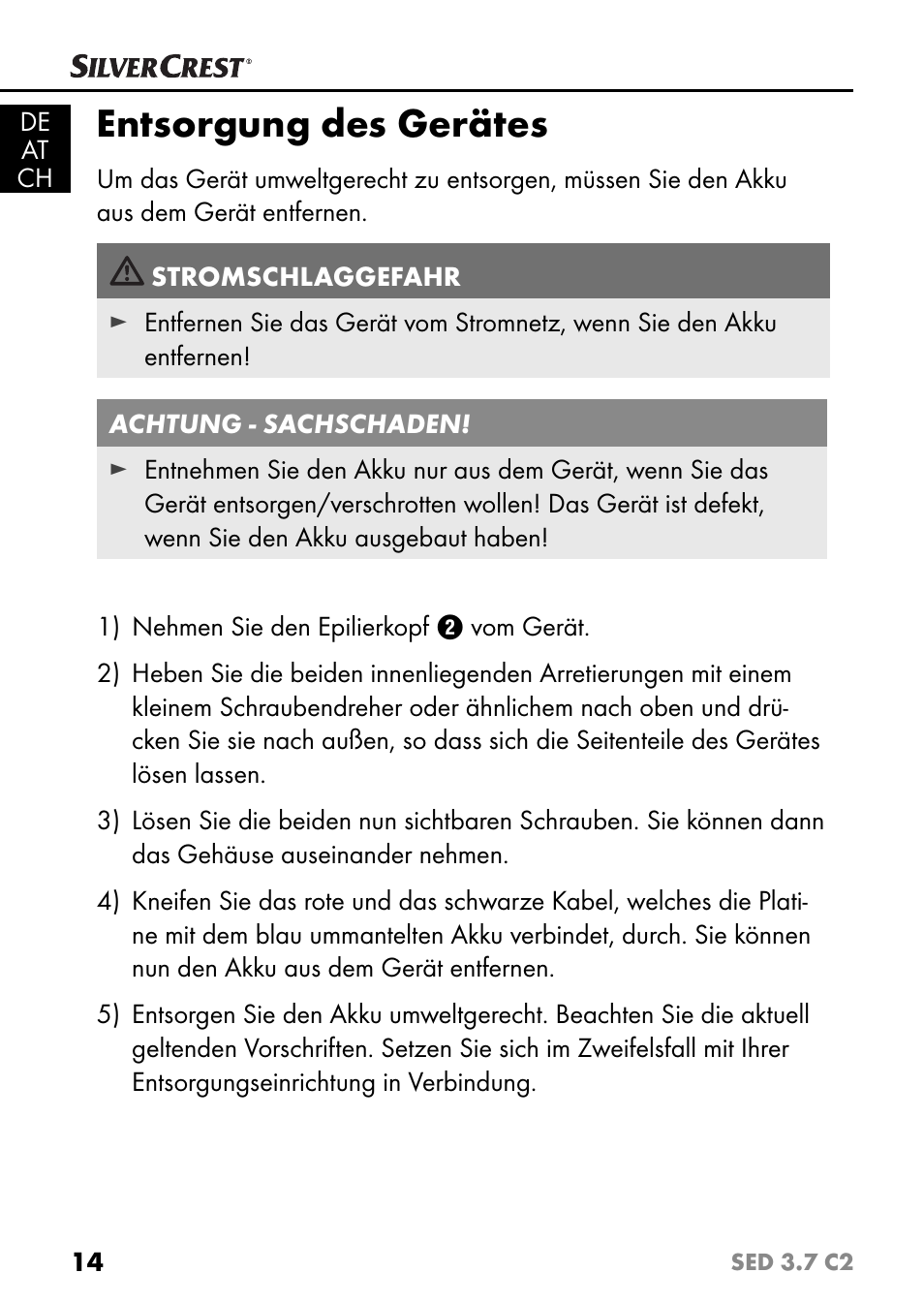 Entsorgung des gerätes | Silvercrest SED 3.7 C2 User Manual | Page 17 / 68