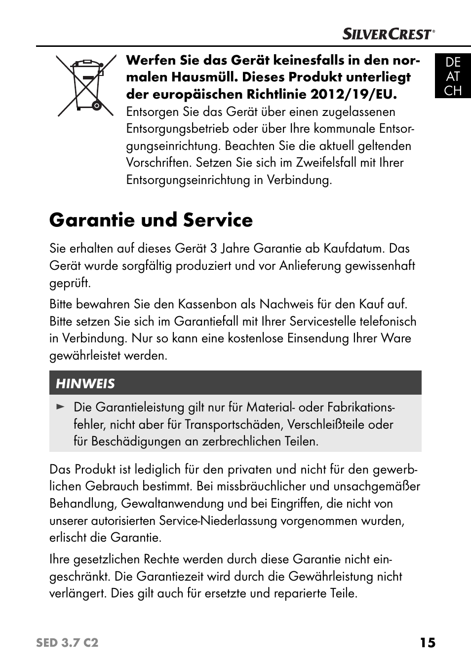 Garantie und service | Silvercrest SED 3.7 C2 User Manual | Page 18 / 68