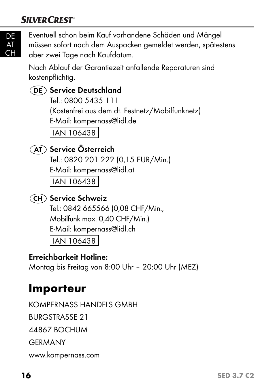 Importeur | Silvercrest SED 3.7 C2 User Manual | Page 19 / 68