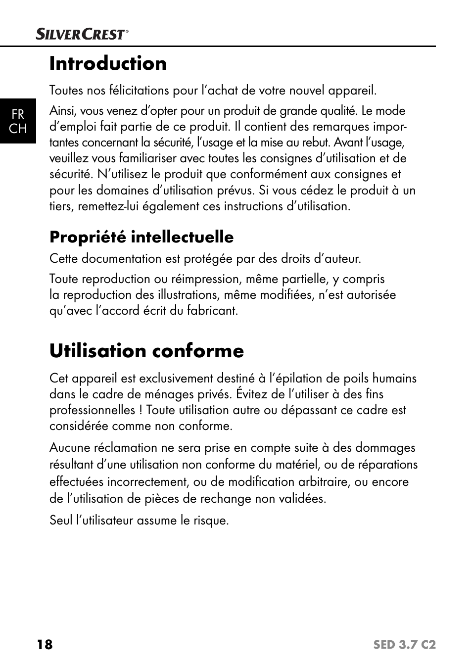 Introduction, Utilisation conforme, Propriété intellectuelle | Silvercrest SED 3.7 C2 User Manual | Page 21 / 68