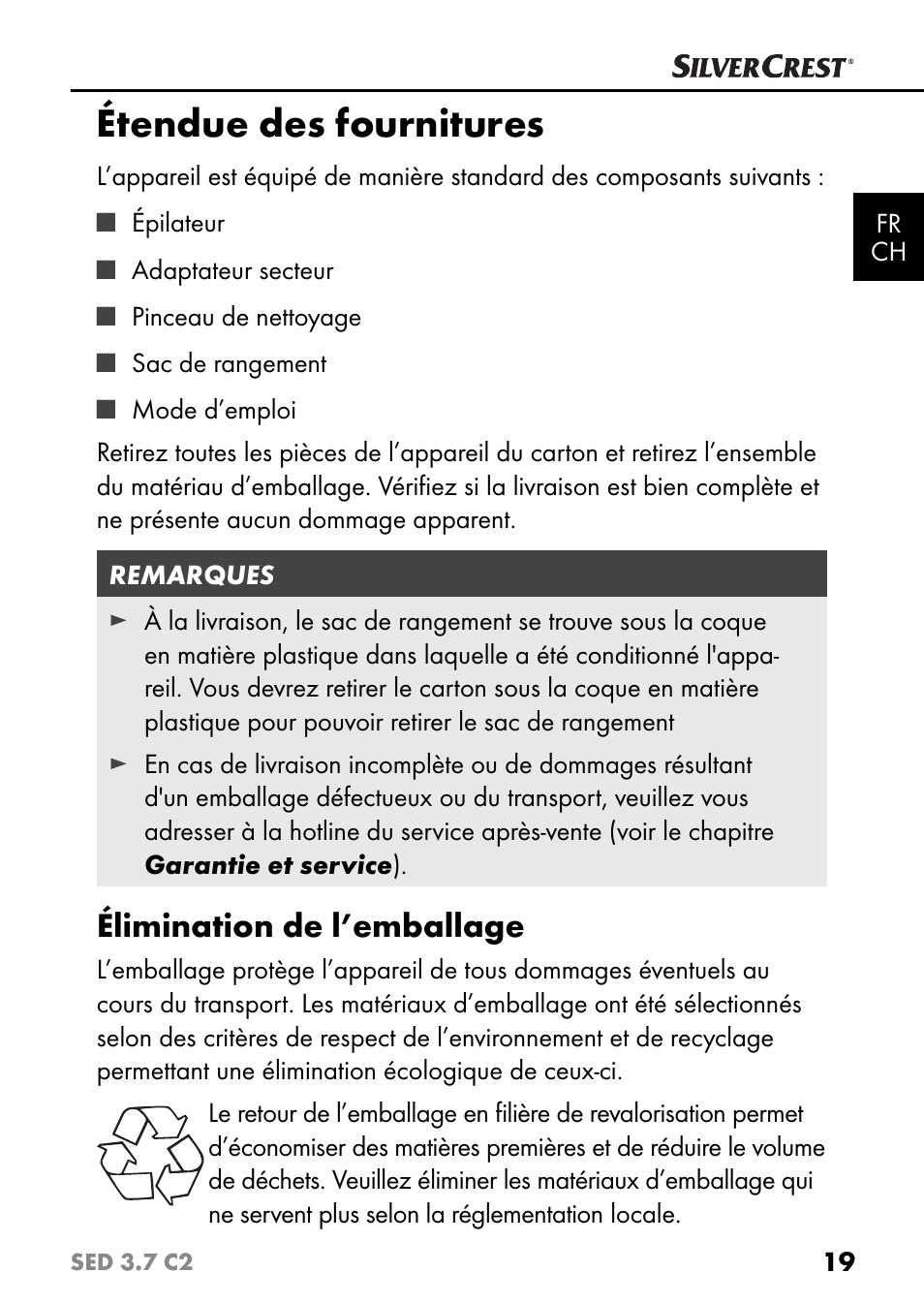 Étendue des fournitures, Élimination de l’emballage | Silvercrest SED 3.7 C2 User Manual | Page 22 / 68