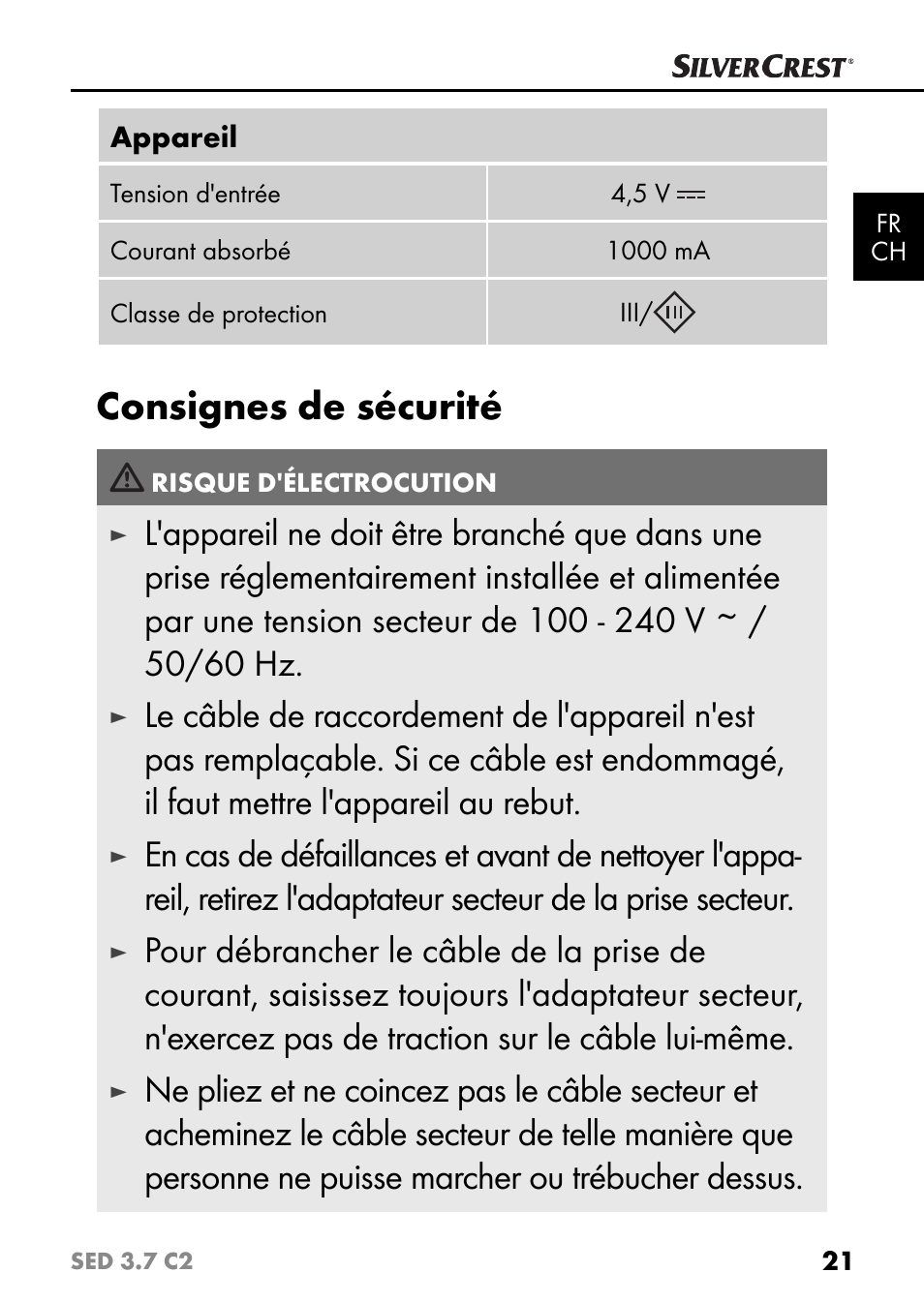 Consignes de sécurité | Silvercrest SED 3.7 C2 User Manual | Page 24 / 68