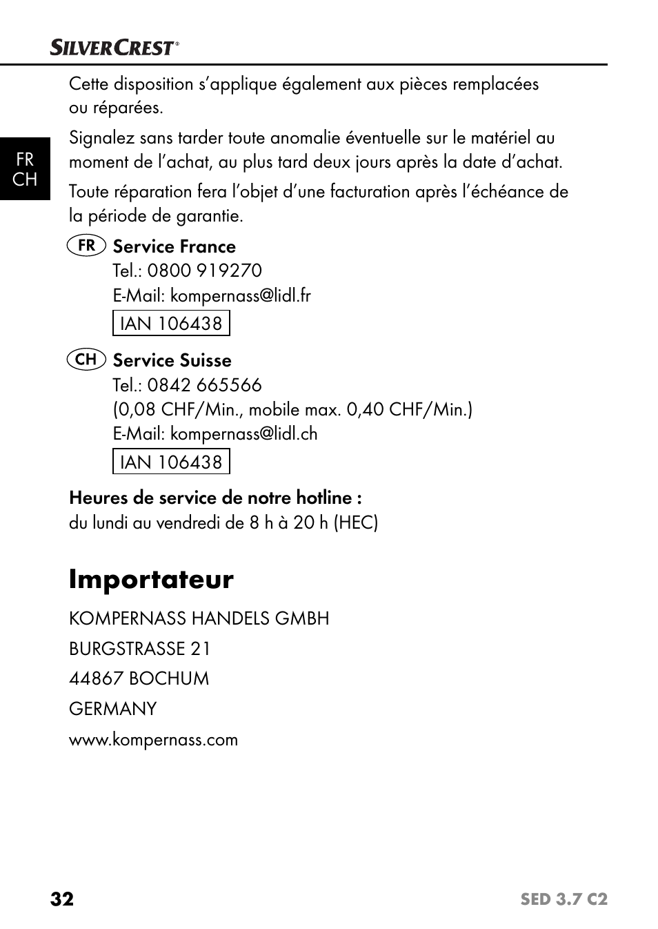 Importateur | Silvercrest SED 3.7 C2 User Manual | Page 35 / 68