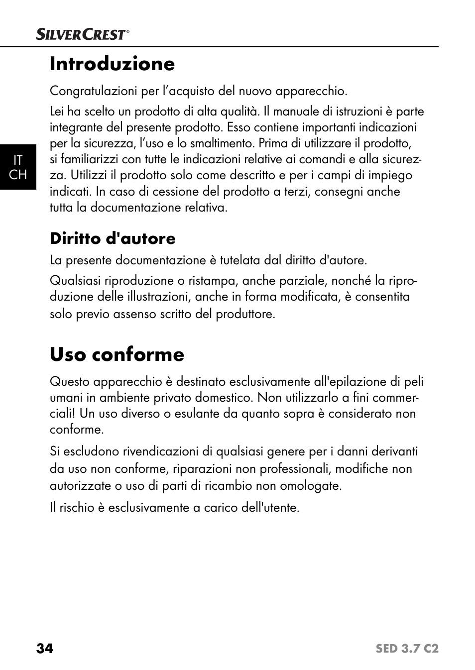 Introduzione, Uso conforme, Diritto d'autore | Silvercrest SED 3.7 C2 User Manual | Page 37 / 68