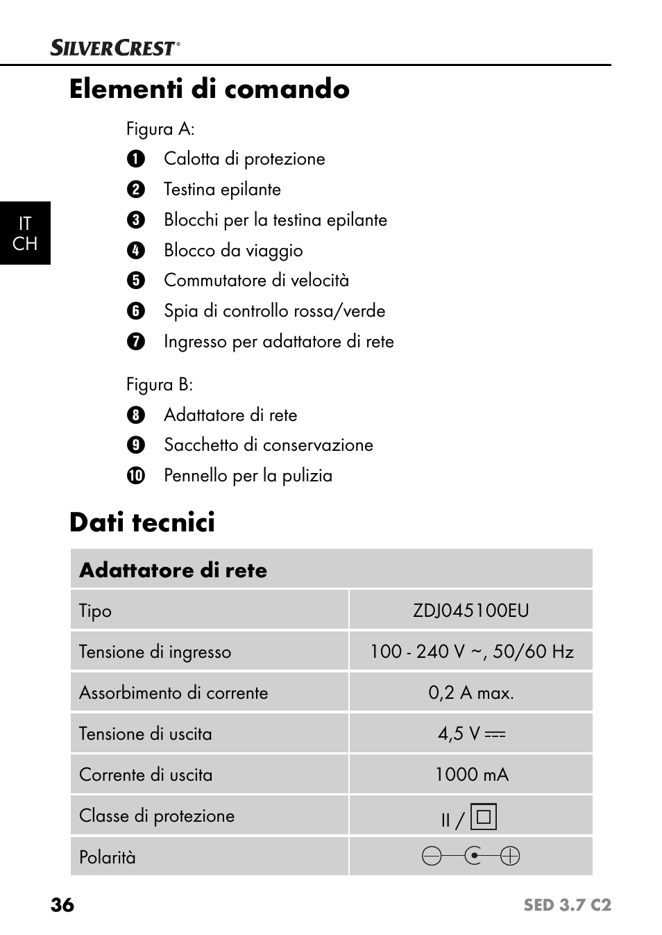 Elementi di comando, Dati tecnici | Silvercrest SED 3.7 C2 User Manual | Page 39 / 68