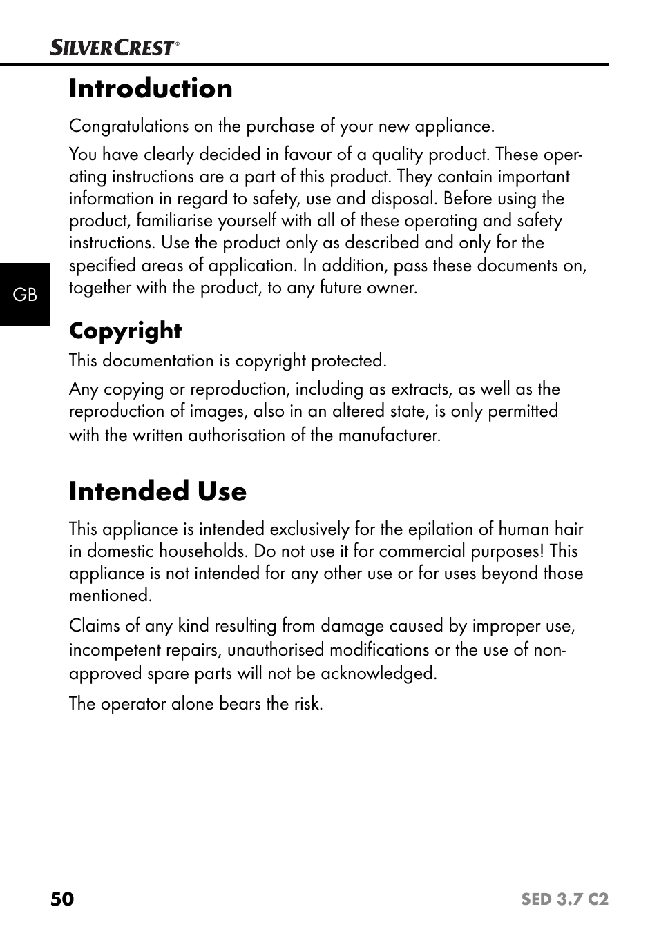 Introduction, Intended use, Copyright | Silvercrest SED 3.7 C2 User Manual | Page 53 / 68