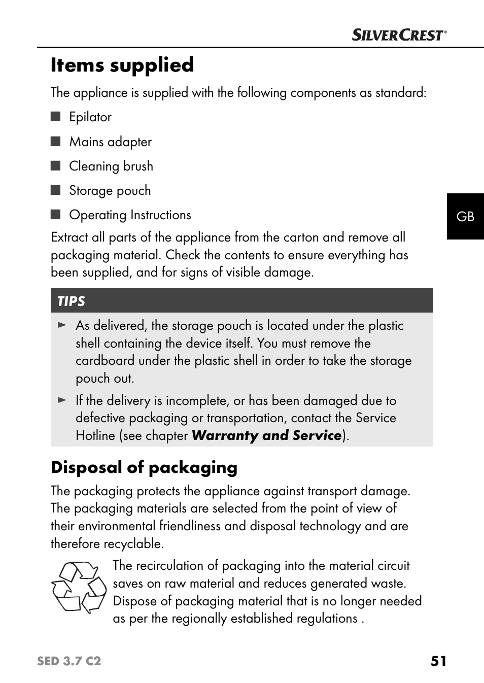 Items supplied, Disposal of packaging | Silvercrest SED 3.7 C2 User Manual | Page 54 / 68