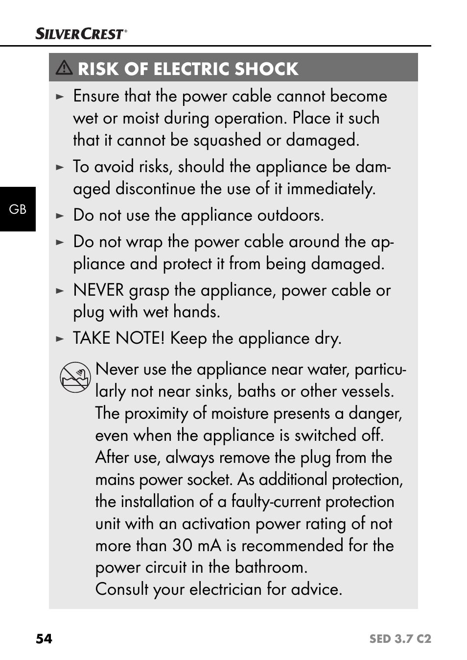 Risk of electric shock, Do not use the appliance outdoors | Silvercrest SED 3.7 C2 User Manual | Page 57 / 68