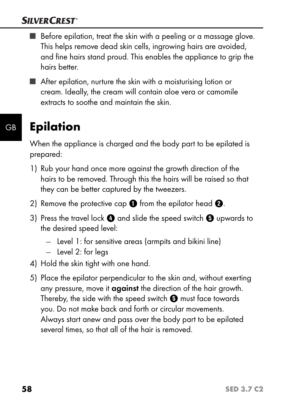 Epilation | Silvercrest SED 3.7 C2 User Manual | Page 61 / 68