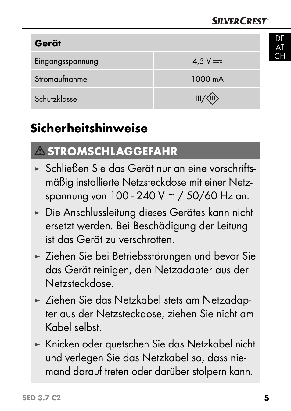 Sicherheitshinweise, Stromschlaggefahr | Silvercrest SED 3.7 C2 User Manual | Page 8 / 68