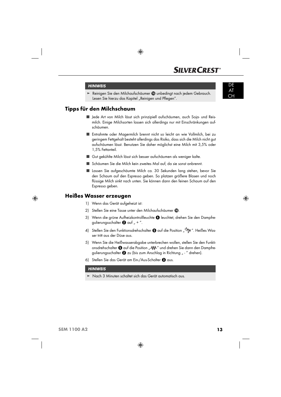 Tipps für den milchschaum, Heißes wasser erzeugen, De at ch | Silvercrest SEM 1100 A2 User Manual | Page 15 / 81