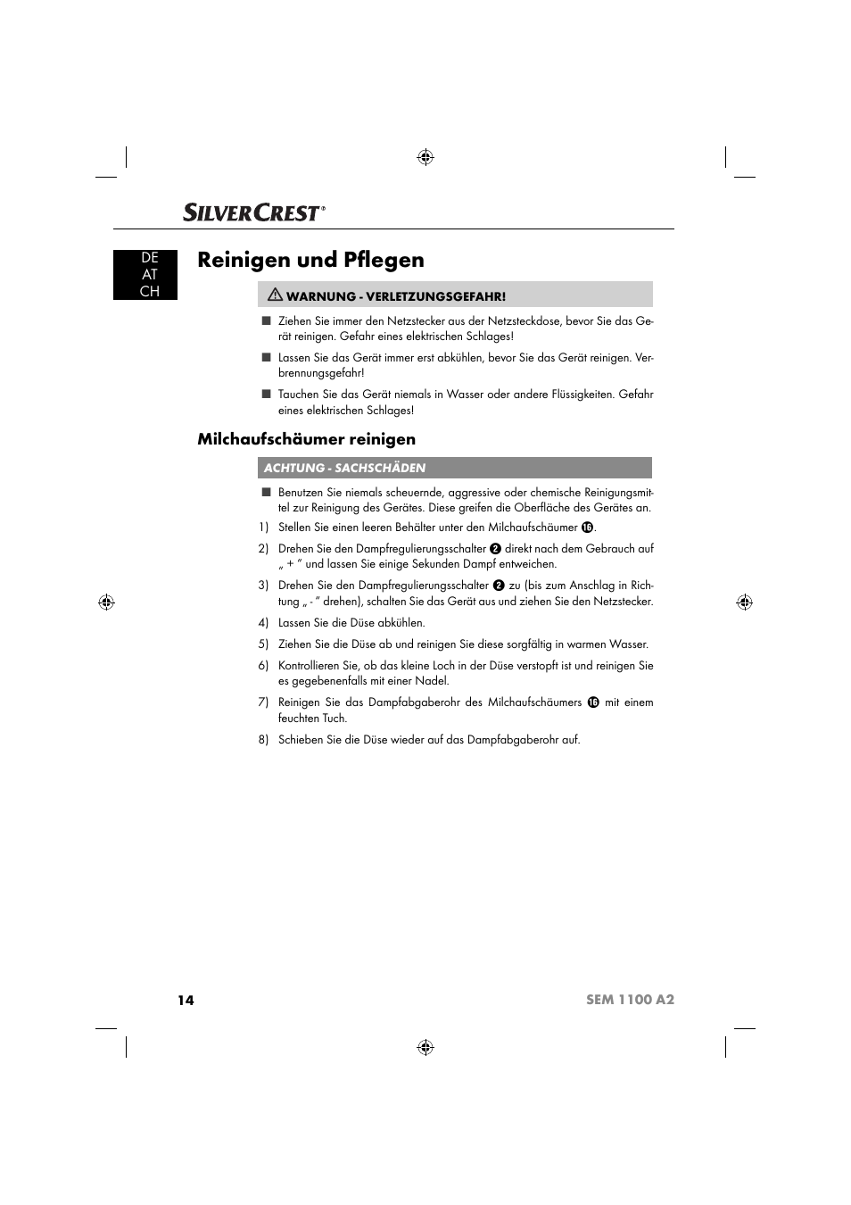 Reinigen und pﬂ egen, Milchaufschäumer reinigen, De at ch | Silvercrest SEM 1100 A2 User Manual | Page 16 / 81