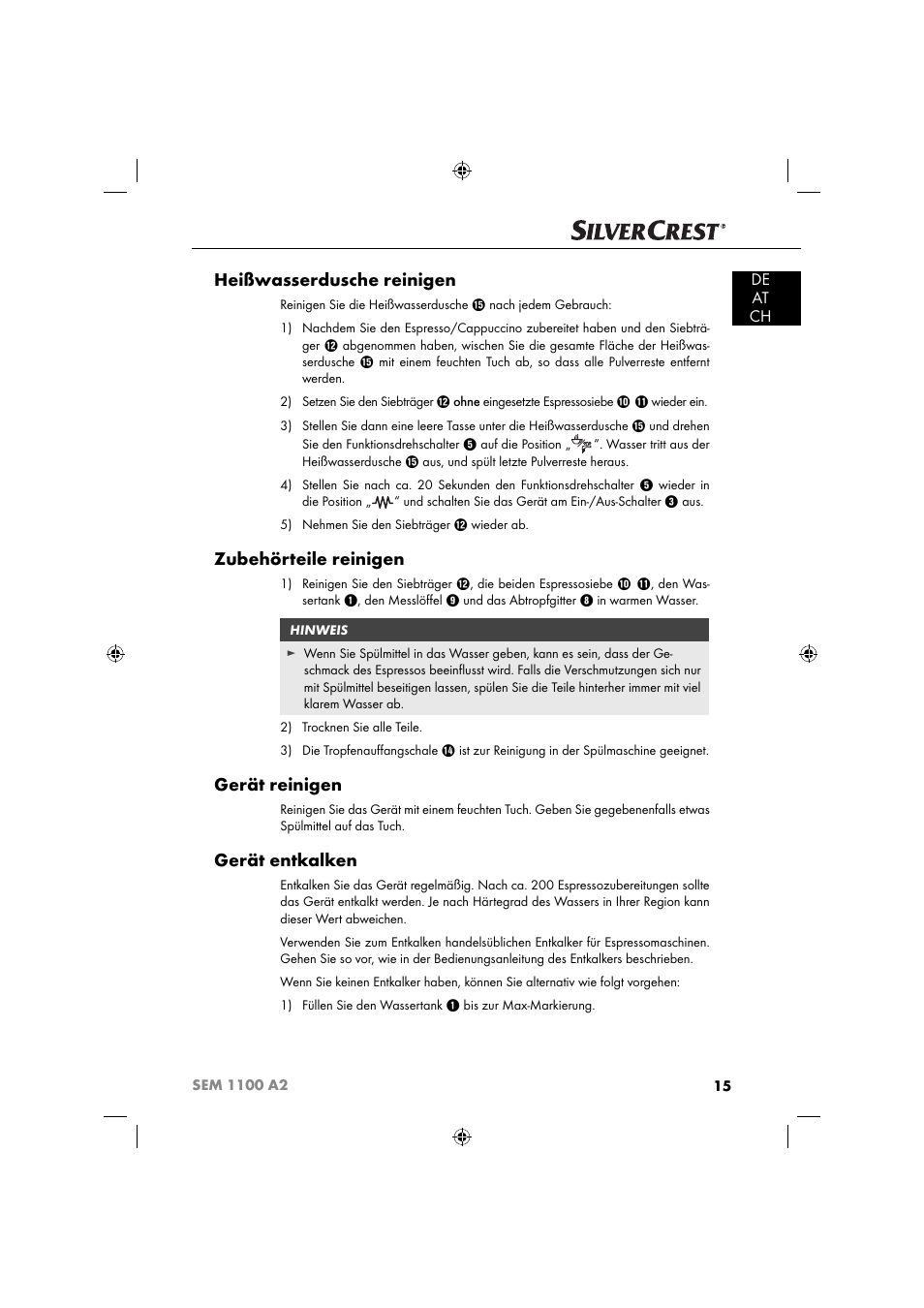 Heißwasserdusche reinigen, Zubehörteile reinigen, Gerät reinigen | Gerät entkalken, De at ch | Silvercrest SEM 1100 A2 User Manual | Page 17 / 81