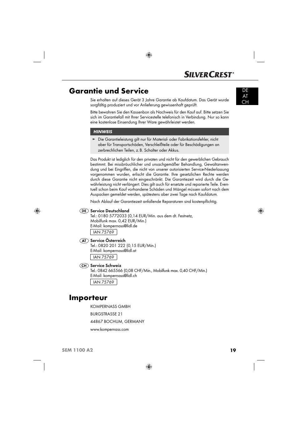Garantie und service, Importeur, De at ch | Silvercrest SEM 1100 A2 User Manual | Page 21 / 81