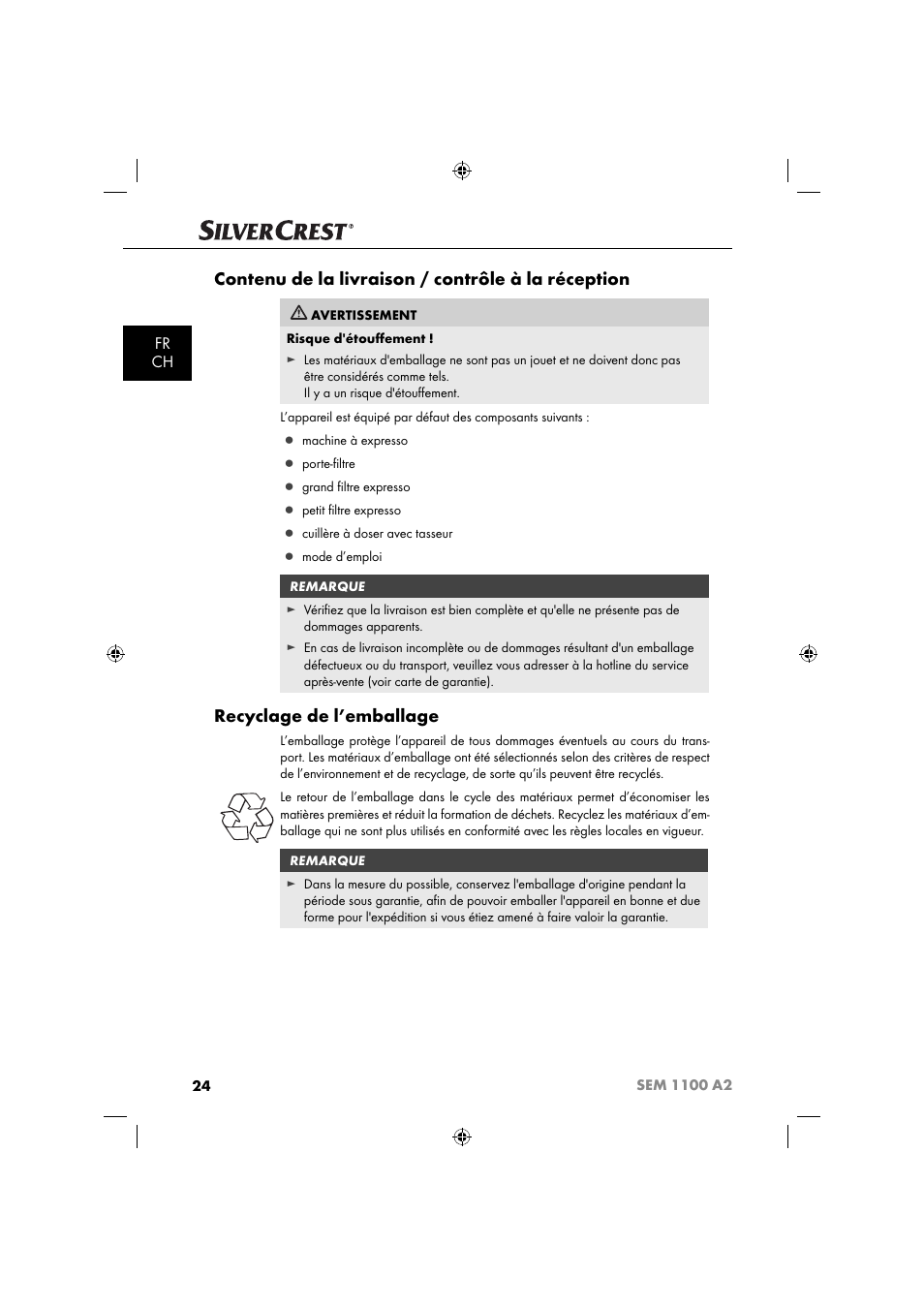 Contenu de la livraison / contrôle à la réception, Recyclage de l’emballage, Fr ch | Silvercrest SEM 1100 A2 User Manual | Page 26 / 81