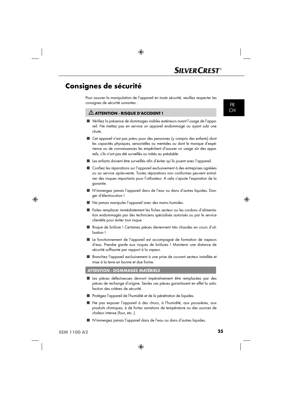 Consignes de sécurité, Fr ch | Silvercrest SEM 1100 A2 User Manual | Page 27 / 81