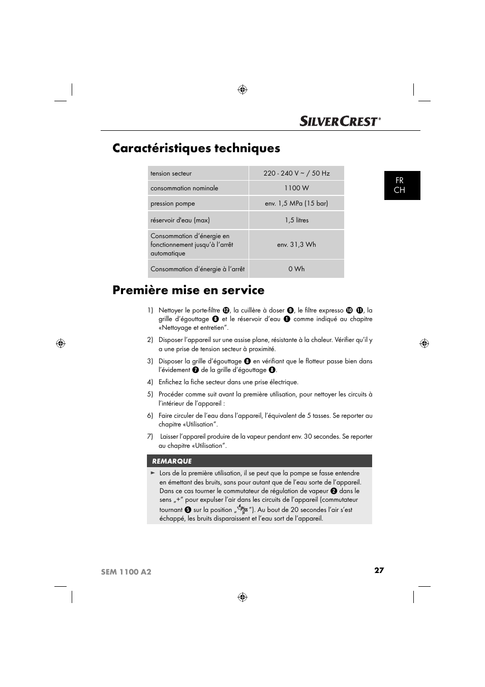 Caractéristiques techniques, Première mise en service, Fr ch | Silvercrest SEM 1100 A2 User Manual | Page 29 / 81