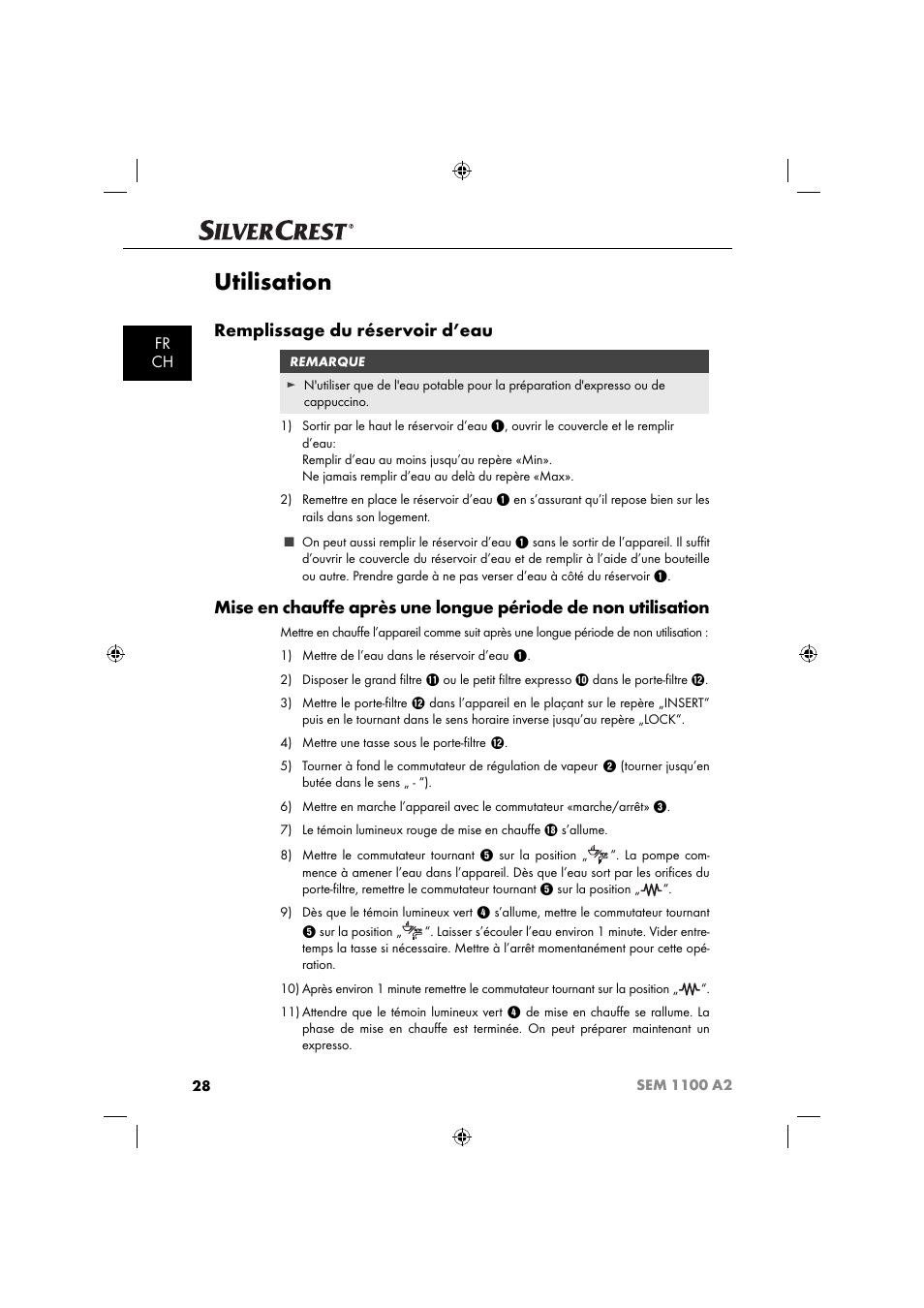 Utilisation, Remplissage du réservoir d’eau, Fr ch | Silvercrest SEM 1100 A2 User Manual | Page 30 / 81