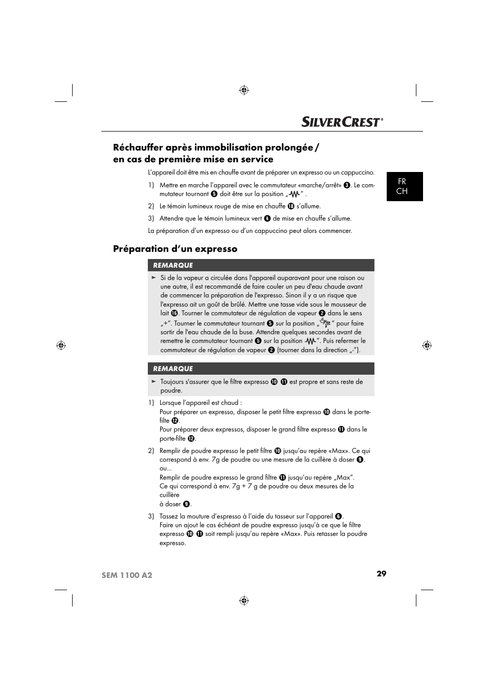 Préparation d’un expresso, Fr ch | Silvercrest SEM 1100 A2 User Manual | Page 31 / 81