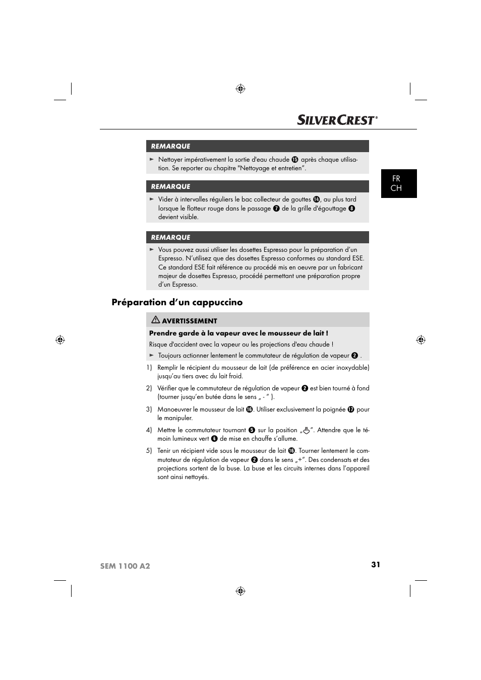 Préparation d’un cappuccino, Fr ch | Silvercrest SEM 1100 A2 User Manual | Page 33 / 81