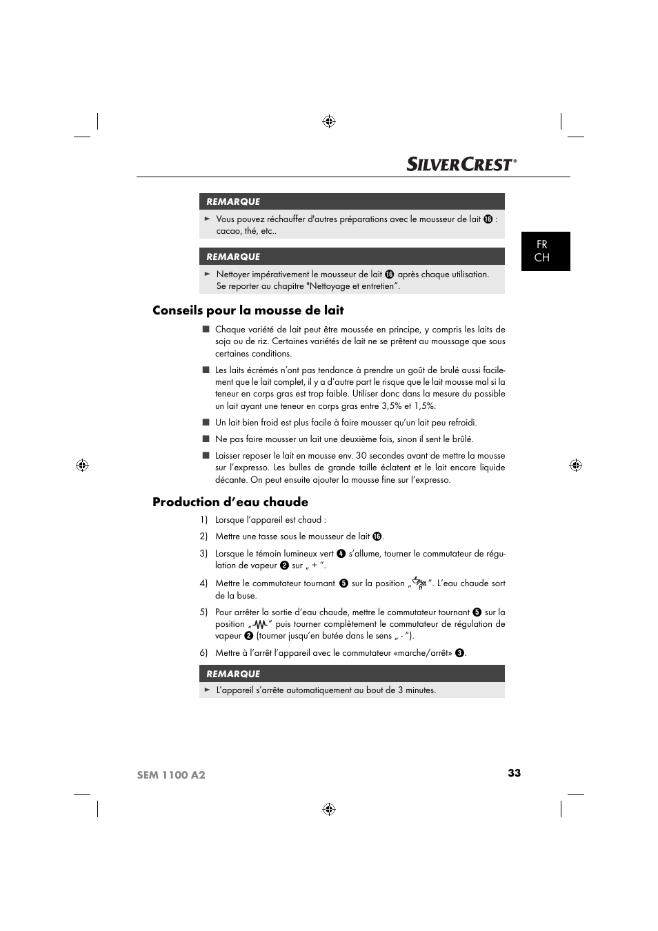 Conseils pour la mousse de lait, Production d’eau chaude, Fr ch | Silvercrest SEM 1100 A2 User Manual | Page 35 / 81
